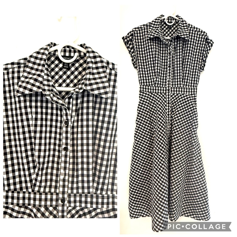 Jones & Co sz 2 Black White Checkered plaid Cotton button up midi dress pockets